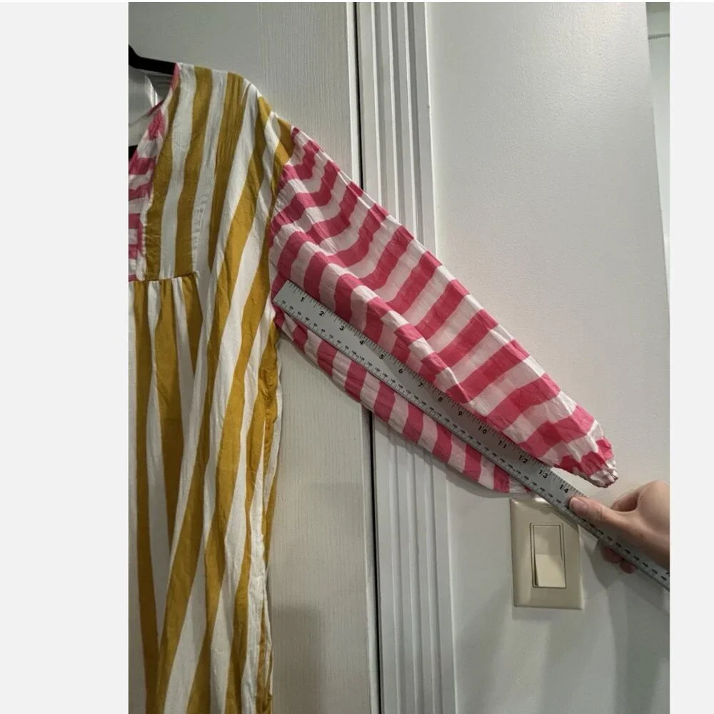 SUNSHINE TIENDA MUSTARD & PINK STRIPED COPA W/ POCKETS DRESS M/L *SMALL FLAW - Picture 7 of 14